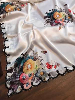 White Color Handwork With Touch Up Of Pearls In Flowers Satin art silk saree  2