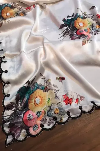White Color Handwork With Touch Up Of Pearls In Flowers Satin art silk saree 