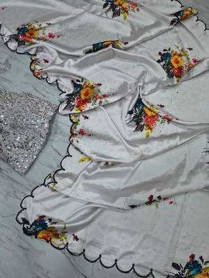 White Color Handwork With Touch Up Of Pearls In Flowers Satin art silk saree  3