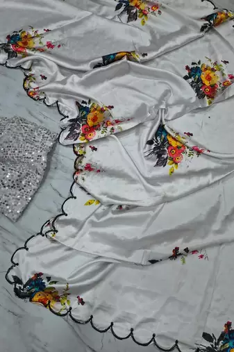 White Color Handwork With Touch Up Of Pearls In Flowers Satin art silk saree 