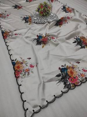 White Color Handwork With Touch Up Of Pearls In Flowers Satin art silk saree  4
