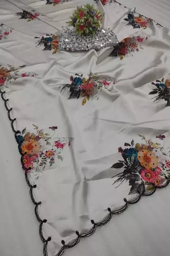 White Color Handwork With Touch Up Of Pearls In Flowers Satin art silk saree 
