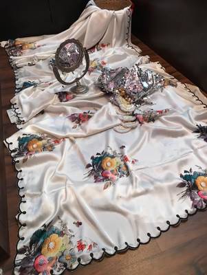 White Color Handwork With Touch Up Of Pearls In Flowers Satin art silk saree  5