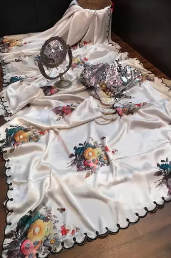 White Color Handwork With Touch Up Of Pearls In Flowers Satin art silk saree 