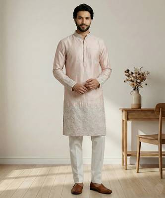 Peach designer festive wear satin kurta-pajama 1
