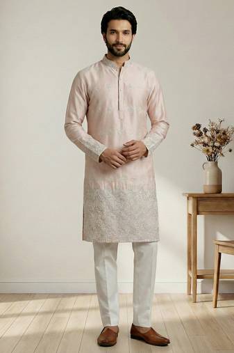 Peach designer festive wear satin kurta-pajama