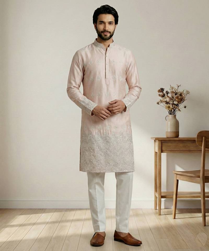 Peach designer festive wear satin kurta-pajama