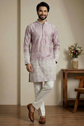Pink designer festive wear satin kurta-pajama