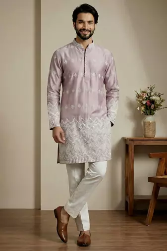 Pink designer festive wear satin kurta-pajama