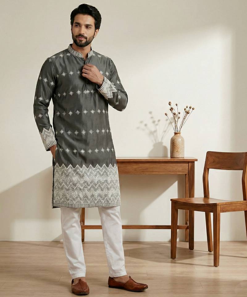 Black designer festive wear satin kurta-pajama