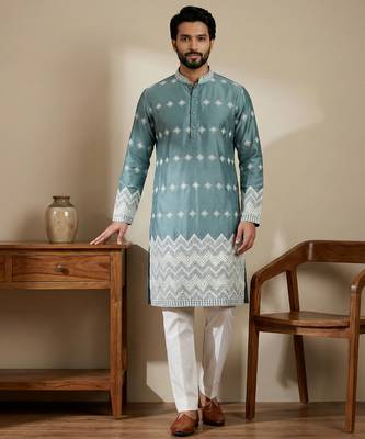 Aqua blue designer festive wear satin kurta-pajama 1