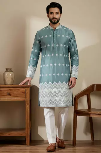 Aqua blue designer festive wear satin kurta-pajama