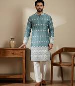Aqua blue designer festive wear satin kurta-pajama