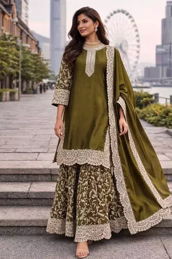 Heavy fendy silk embroidered thread work kurta plazzo set