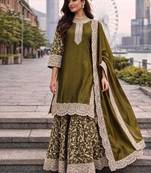 Heavy fendy silk embroidered thread work kurta plazzo set