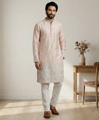 Peach designer festive wear satin kurta-pajama 2