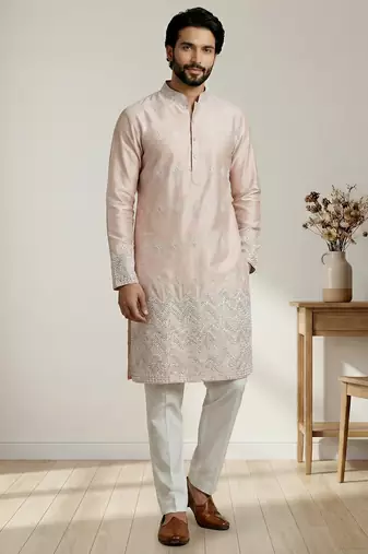 Peach designer festive wear satin kurta-pajama