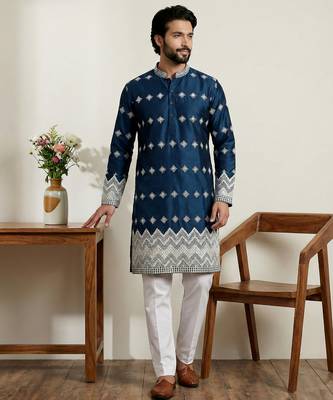 Navy blue designer festive wear satin kurta-pajama 1