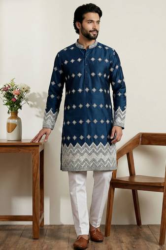 Navy blue designer festive wear satin kurta-pajama
