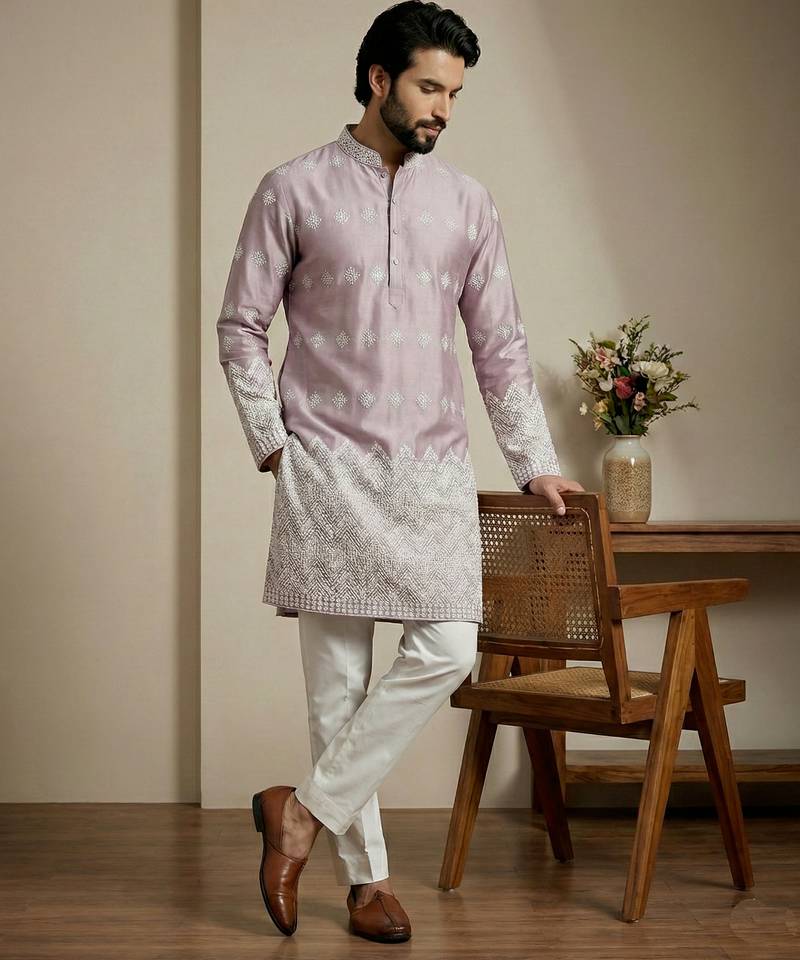 Pink designer festive wear satin kurta-pajama