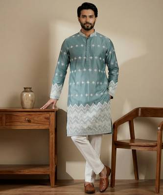 Aqua blue designer festive wear satin kurta-pajama 2