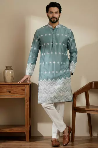 Aqua blue designer festive wear satin kurta-pajama