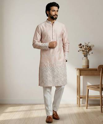Peach designer festive wear satin kurta-pajama 3