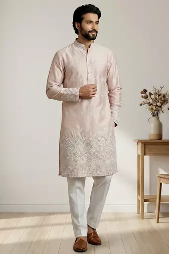 Peach designer festive wear satin kurta-pajama