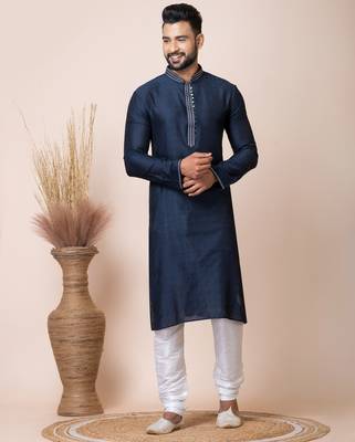 Navy blue designer festive wear jacquard kurta-pajama 1