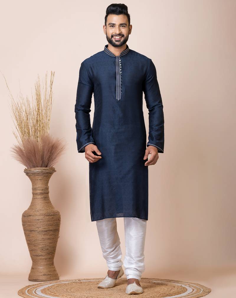 Navy blue designer festive wear jacquard kurta-pajama