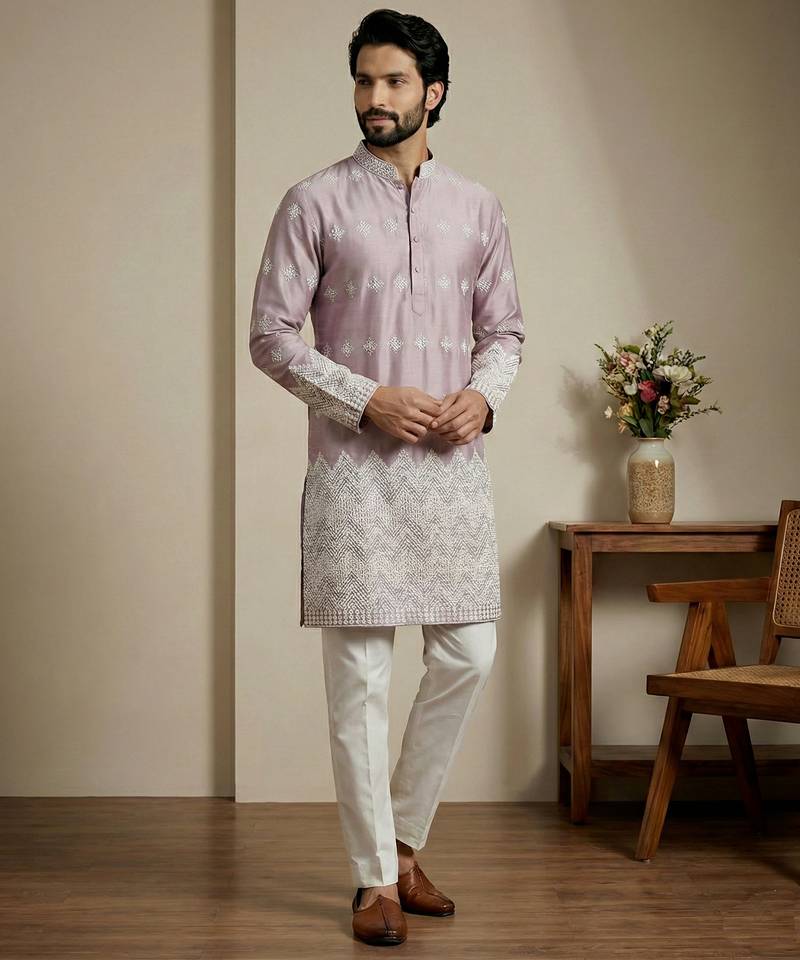 Pink designer festive wear satin kurta-pajama