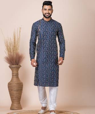 Navy blue designer festive wear blended cotton kurta-pajama 1