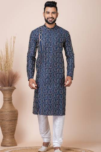 Navy blue designer festive wear blended cotton kurta-pajama