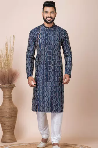 Navy blue designer festive wear blended cotton kurta-pajama