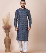 Navy blue designer festive wear blended cotton kurta-pajama
