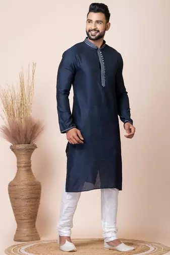 Navy blue designer festive wear jacquard kurta-pajama