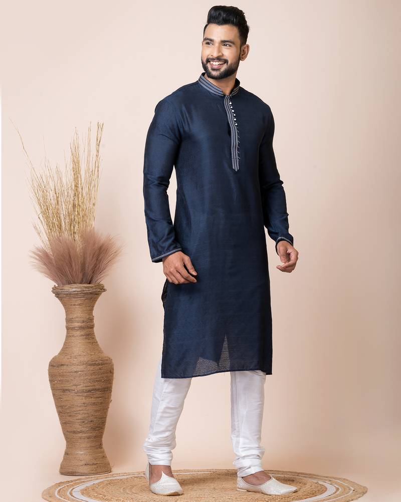Navy blue designer festive wear jacquard kurta-pajama