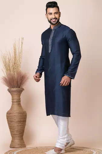 Navy blue designer festive wear jacquard kurta-pajama