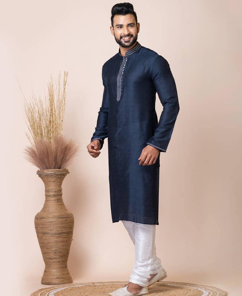 Navy blue designer festive wear jacquard kurta-pajama