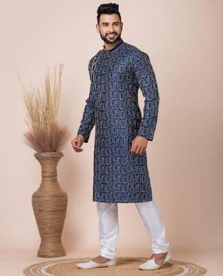 Navy blue designer festive wear blended cotton kurta-pajama 2