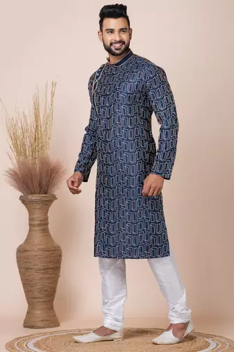 Navy blue designer festive wear blended cotton kurta-pajama