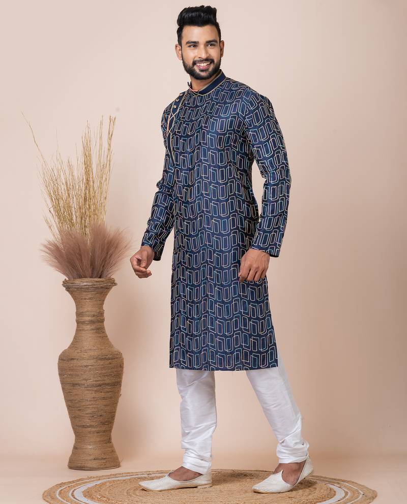 Navy blue designer festive wear blended cotton kurta-pajama