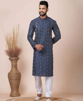Navy blue designer festive wear blended cotton kurta-pajama 3