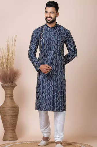Navy blue designer festive wear blended cotton kurta-pajama