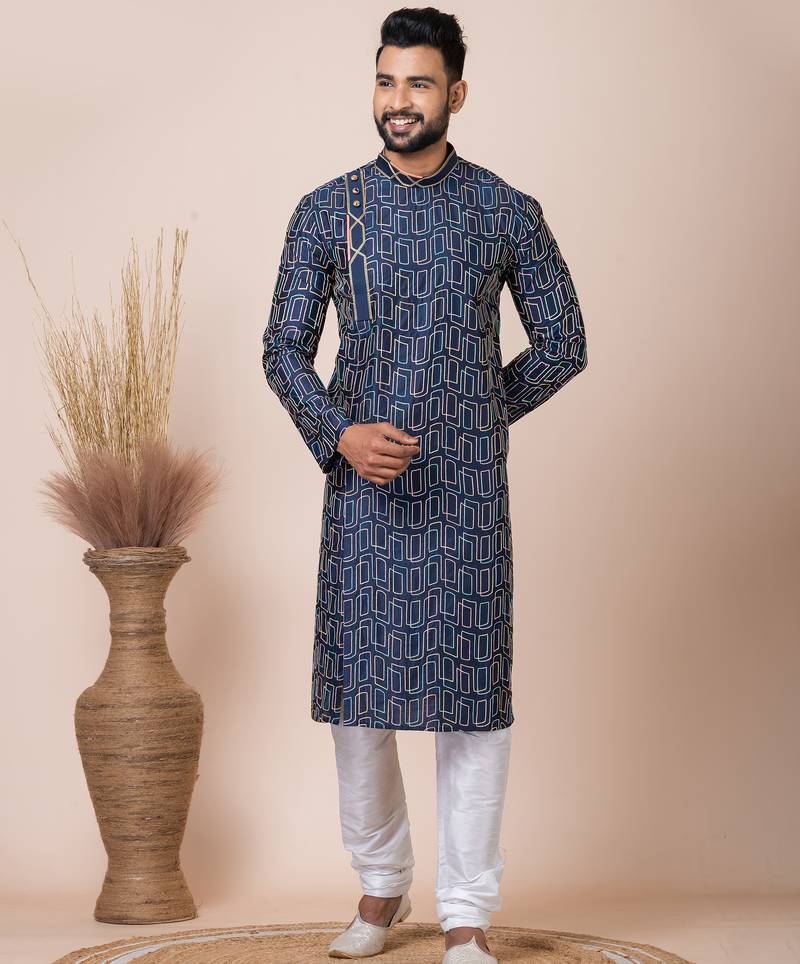 Navy blue designer festive wear blended cotton kurta-pajama
