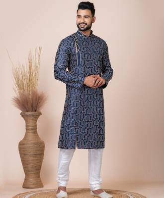 Navy blue designer festive wear blended cotton kurta-pajama 4