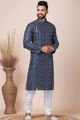 Navy blue designer festive wear blended cotton kurta-pajama