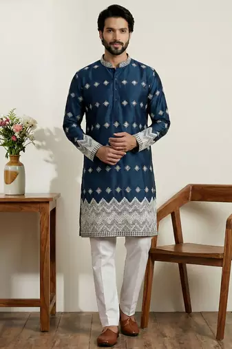 Navy blue designer festive wear satin kurta-pajama