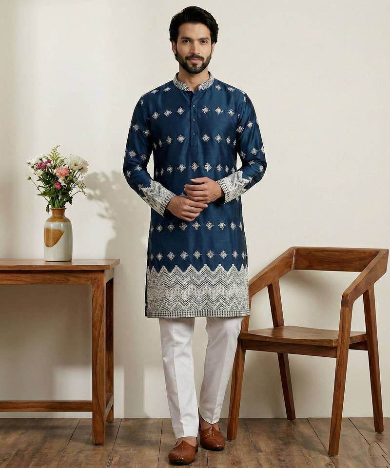 Navy blue designer festive wear satin kurta-pajama