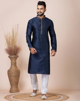 Navy blue designer festive wear jacquard kurta-pajama 1
